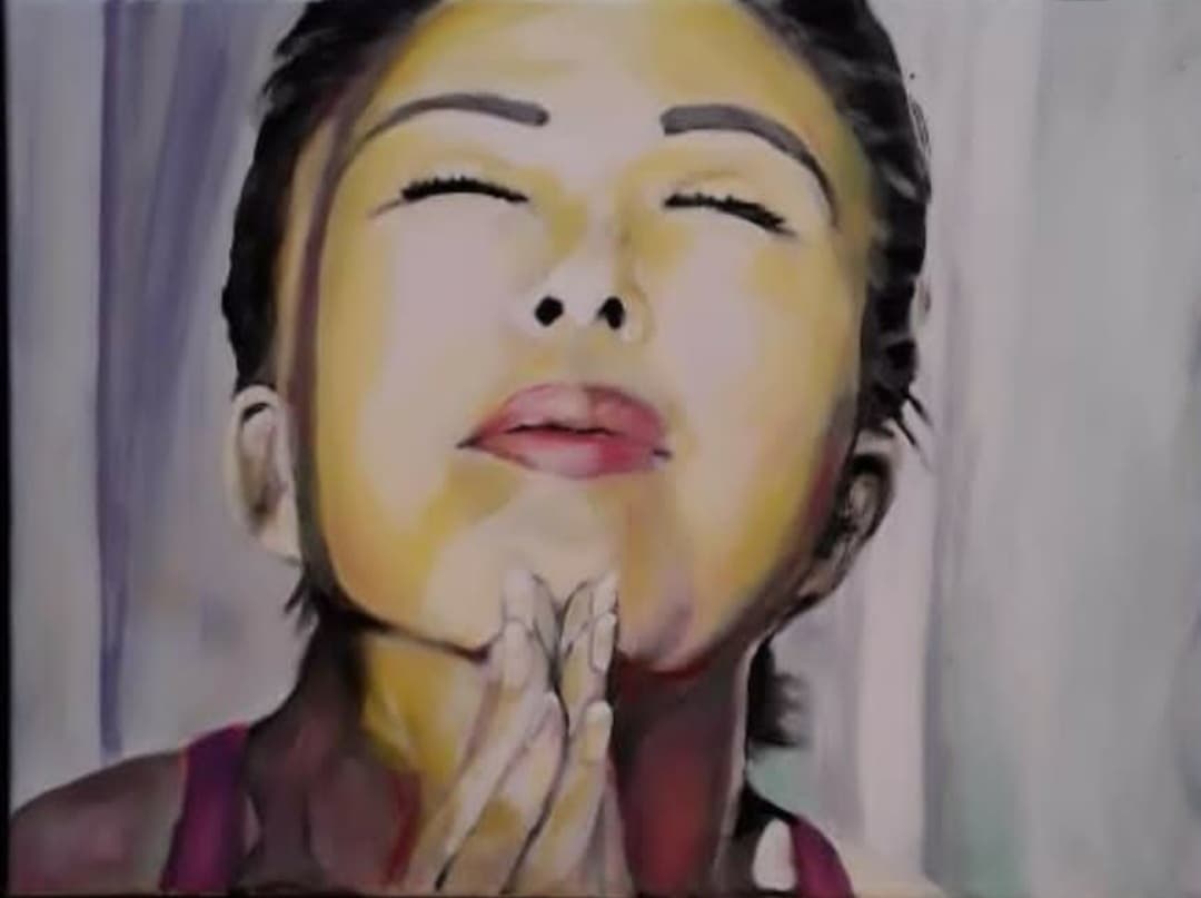 A painted portrait of Boclaire, eyes closed, hands together at the throat.